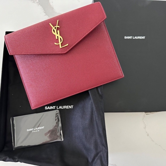 Saint Laurent Handbags - SAINT LAURENT YSL Monogram Pebbled Leather Uptown Baby Pouch Clutch Red
